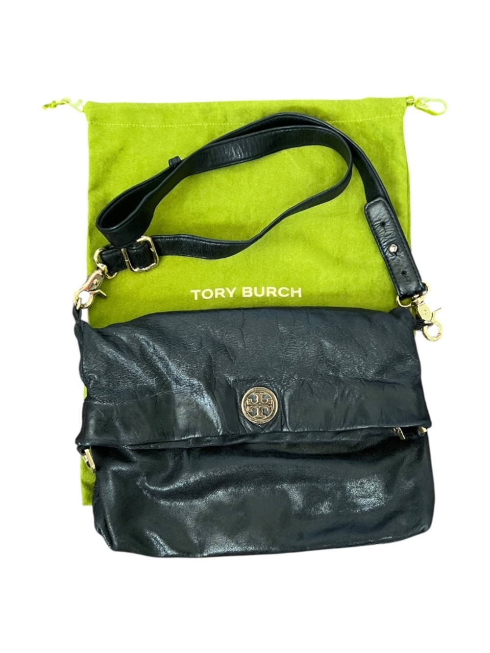 Tory Burch Dena Foldover Leather Crossbody Bag Purse Black